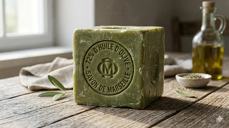 A traditional 600g cube of authentic 72 percent olive oil Marseille soap with the official stamp on a rustic wooden surface. 72 olive marseille soap
