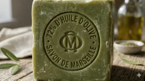 Close-up of the traditional 72 percent olive oil mark stamped into a green Marseille soap bar.