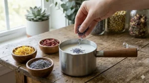 Dried lavender buds being sprinkled by hand into a pitcher of liquid white Shea Butter melt and pour soap base on a rustic wooden table.