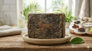 Close-up view of the grainy, dark earthy texture of a genuine Dudu Osun soap bar.