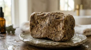 Close-up texture of authentic raw black soap showing its natural earthy brown color and crumbly consistency.
