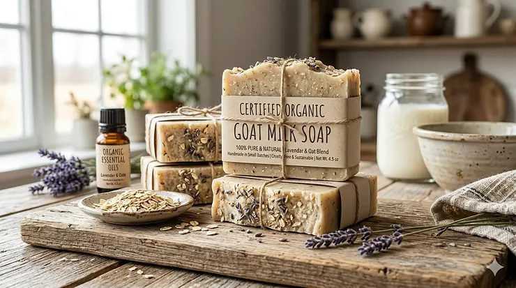A stack of certified organic goat milk soap bars wrapped in eco-friendly packaging on a wooden surface.