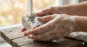 Close-up illustration of rich creamy white lather from a lavender goat milk soap bar being used on hands.