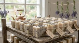 Multiple rows of lavender-infused goat milk soap bars curing on a drying rack in a bright artisanal workshop.