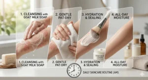 Step-by-step graphic showing the use of goat milk soap in a morning skincare routine for all-day moisture.