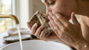A person lathering raw black soap to deeply cleanse pores and remove excess oil associated with hormonal acne.
