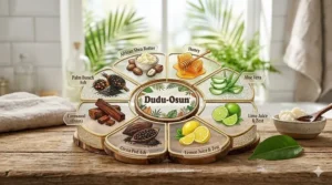 Illustration showing the natural ingredients in authentic Dudu Osun soap including honey, shea butter, and osun camwood.