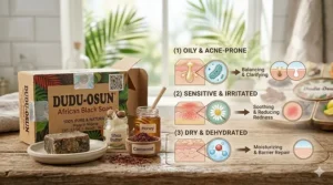 Infographic illustrating how authentic Dudu Osun treats oily, acne-prone, and sensitive skin.