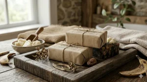 Eco-friendly paper packaging for a bar of handmade African black soap with shea.