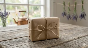 A lavender goat milk soap bar wrapped in biodegradable kraft paper and tied with a simple twine bow.
