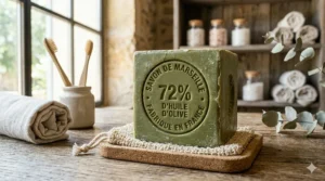 Illustration of a plastic-free bathroom featuring a block of authentic Marseille soap on a sisal soap saver.
