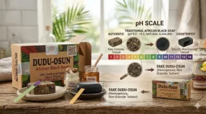 Side-by-side comparison of a counterfeit product next to an authentic Dudu Osun soap bar to show color differences.