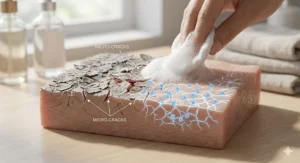 Minimalist illustration showing gentle cleansing action on sensitive, flaky skin surfaces.