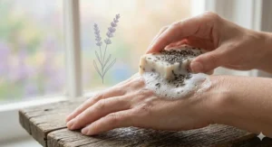 A minimalist illustration depicting the soothing effect of lavender goat milk soap on sensitive skin, featuring soft pastel tones.