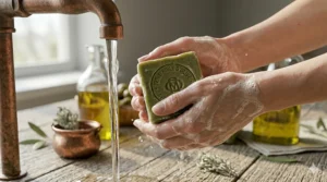 A person washing their hands with 72 olive marseille soap, highlighting its hypoallergenic properties for sensitive skin.