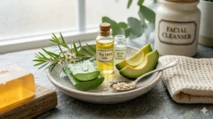 Infographic showing glycerin soap ingredients like tea tree oil and aloe vera that complement oily skin.