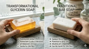 Comparison chart between traditional bar soap and glycerin soap for controlling oily skin shine.