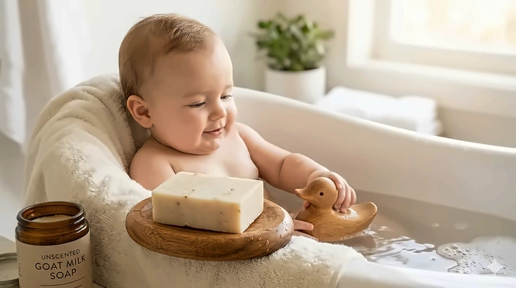 A gentle bar of handmade goat milk soap next to a sleeping infant with calm, clear skin. goat milk soap for baby eczema