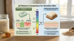 A diagram comparing the skin-compatible pH level of goat milk soap versus harsh synthetic detergents.