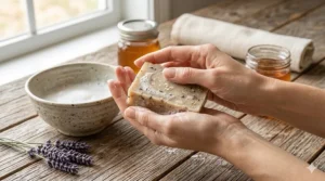 A person with clear skin holding a lathered bar of certified organic goat milk soap.