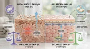 Diagram showing how goat milk soap maintains a healthy skin pH balance to prevent dryness.