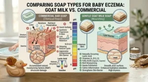 Infographic showing the difference between chemical-heavy soaps and nourishing goat milk soap for infant dermatitis.