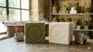 Side-by-side illustration of green olive oil soap and white vegetable oil soap bars from Marseille.