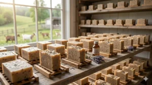 Rows of artisanal certified organic goat milk soap bars curing on a drying rack.