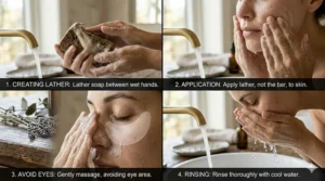 Step-by-step guide on how to safely apply raw black soap lather to the face to treat breakouts without irritation.