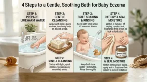 Step-by-step graphic showing how to use goat milk soap during a lukewarm bath for a baby with sensitive skin.