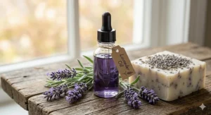 A glass dropper bottle of purple lavender essential oil surrounded by fresh lavender sprigs and a goat milk soap bar.