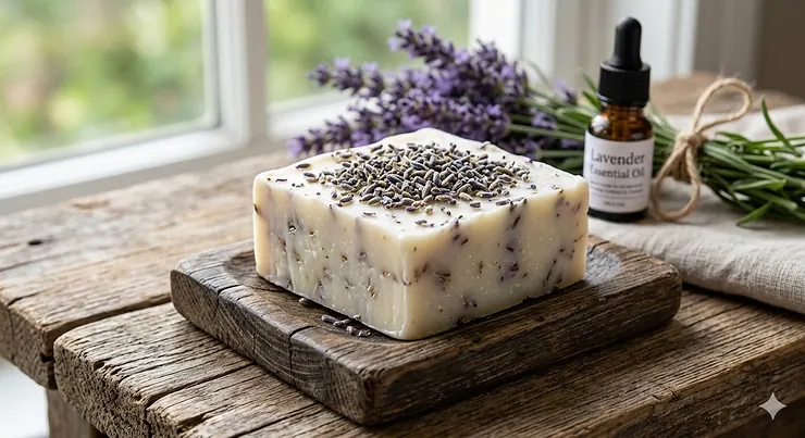 A handcrafted lavender goat milk soap bar topped with dried lavender buds, resting on a wooden soap dish with a rustic linen background.
