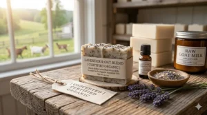 Certified organic goat milk soap infused with dried lavender buds and essential oils.