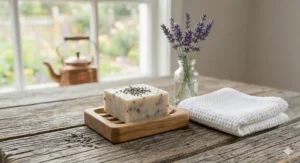 A decorative bathroom setup featuring a lavender goat milk soap bar next to a rolled white towel and a small vase of flowers.