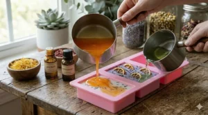 A hand pours a vibrant orange liquid soap base derived from clear glycerin over a firm lavender layer of opaque white Shea Butter melt and pour soap base within a pink rectangular silicone mold cavity.