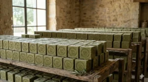 Illustration of large blocks of authentic French soap stacked and air-drying in a traditional factory.