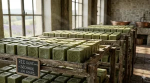 Rows of green olive oil soap cubes drying in a traditional French soap factory.