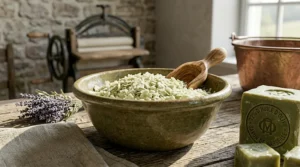 Grated flakes of 72 olive marseille soap in a bowl for natural laundry detergent and household cleaning.