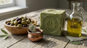 Raw olives and olive oil bowl next to a block of 72 olive marseille soap to show pure ingredients.