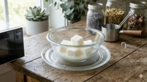 Opaque white shea butter melt and pour soap base cubes melting inside a clear glass bowl positioned within a microwave.