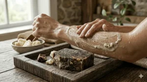 Illustrating the hydrating properties of shea butter within a black soap bar for dry skin.