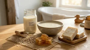 Illustration showing fresh goat milk, oats, and honey, highlighting the natural ingredients used for baby eczema.