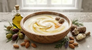 Visual representation of goat milk blended with olive oil and shea butter for intense hydration.