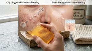 Illustration of how non-comedogenic glycerin soap cleanses pores without clogging them or causing breakouts.