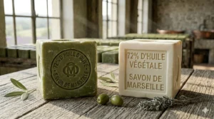 Comparison of green 72 olive marseille soap and white palm oil soap cubes.