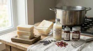 Illustration showing the simple, natural ingredients of tallow bar soap including grass-fed beef fat and essential oils.