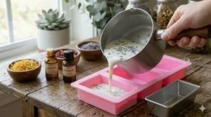 A hand tilts a metal pitcher to pour melted white Shea Butter melt and pour soap base, mixed with lavender buds and oils, into a pink rectangular silicone mold cavity on a rustic wooden table.