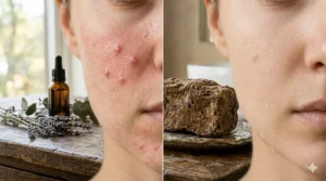 Split screen illustration showing a comparison of inflamed acne versus calmed skin after using raw black soap.