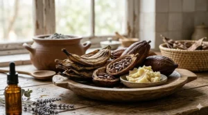 Natural ingredients of raw black soap including plantain skins and cocoa pod ash used for clearing acne-prone skin.