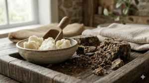 Raw unrefined shea butter chunks next to organic African black soap crumbles.